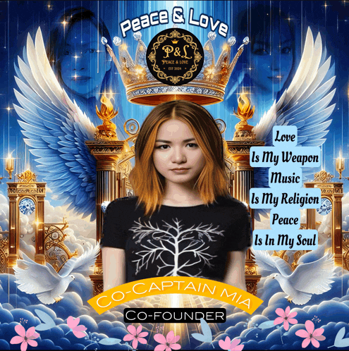 a picture of a girl with a crown and the words peace & love on it