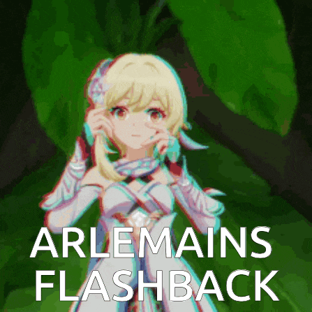 a girl in a white dress is standing in front of a green leaf with the words arlemains flashback .
