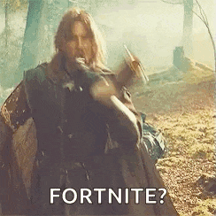 a man with long hair is holding a sword and shield in a forest and says `` fortnite ? ''