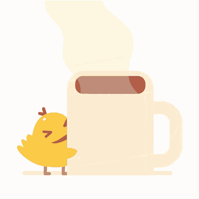 a cartoon chicken standing next to a coffee mug