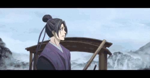 a man in a purple kimono holds a sword