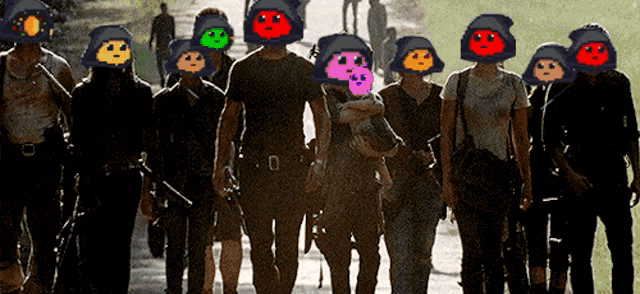 a group of people are walking down a street with smiley faces on their helmets