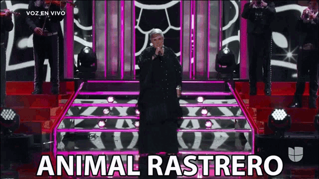 a woman singing into a microphone with the words animal rastrero behind her