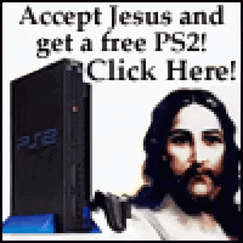 jesus is holding a video game controller next to a playstation 2