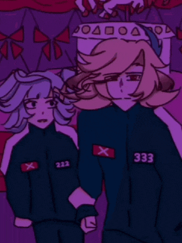 a drawing of a girl and a boy with the number 333 on their shirts
