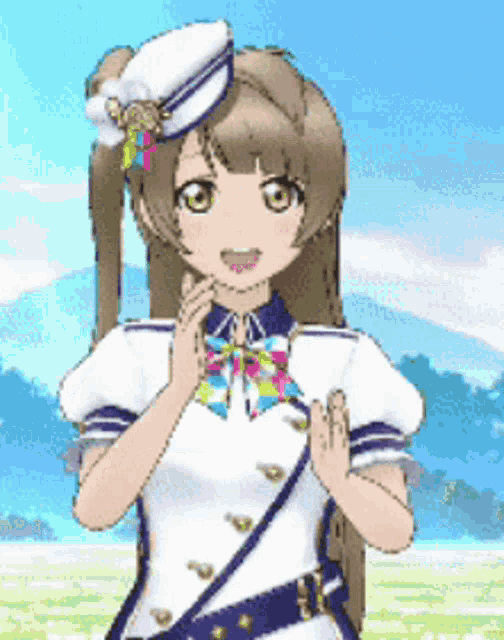 a cartoon girl wearing a white hat and a bow