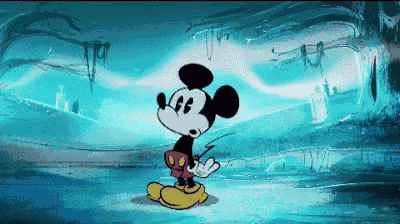 a cartoon of mickey mouse standing in front of a blue wall