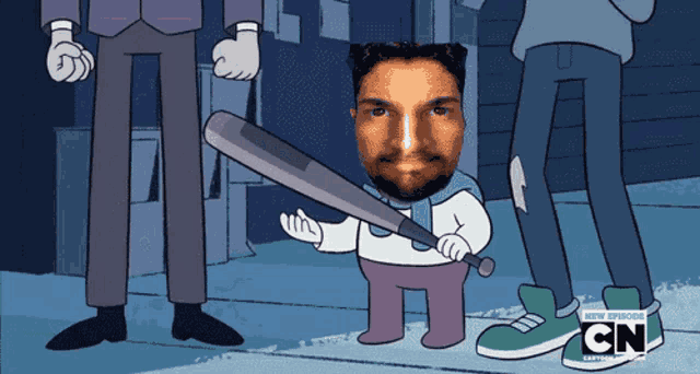 a cartoon of a man holding a baseball bat with cn written on the bottom