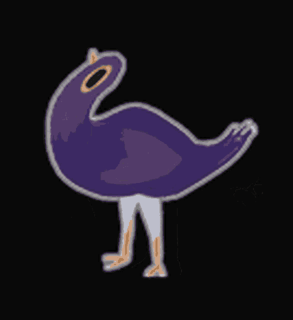 a cartoon drawing of a purple bird with a long neck and legs