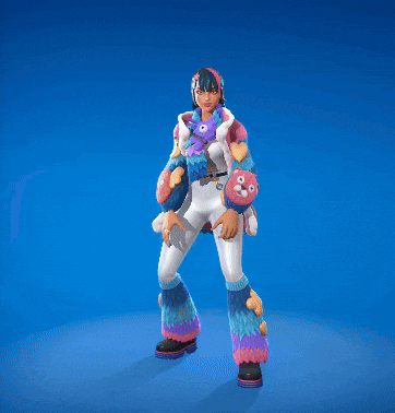 a girl with a llama around her neck is standing on a blue background