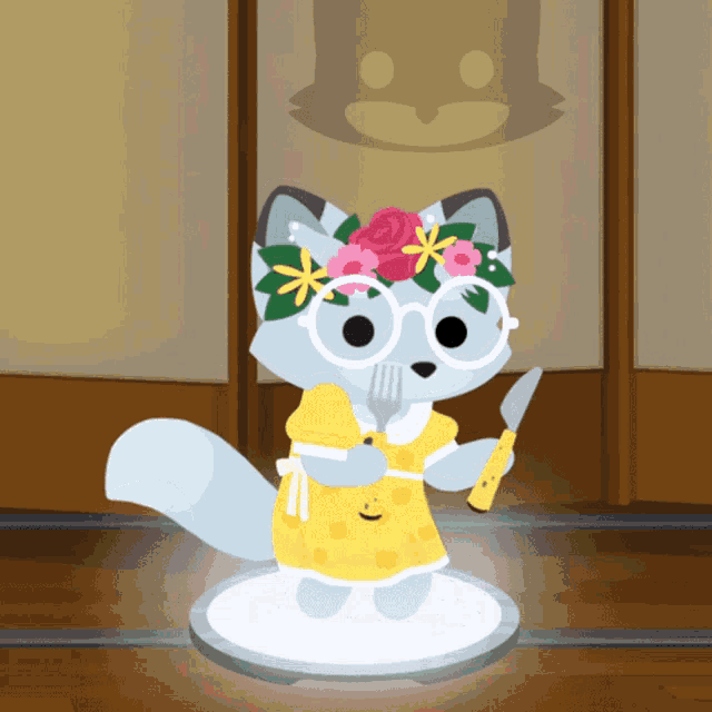 a cartoon fox wearing glasses and a flower crown holds a fork and knife