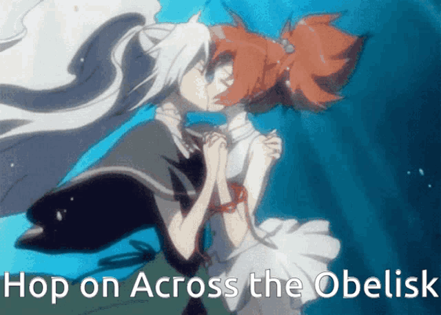 two anime girls kissing with the words hop on across the obelisk above them