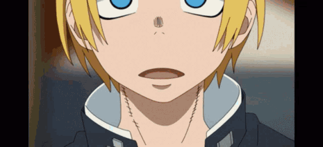 a close up of a anime character 's face with blue eyes