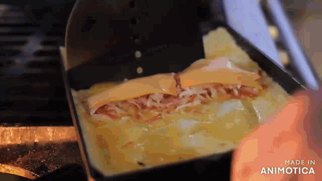 a person is cooking food in a pan that says made in animotica on the bottom