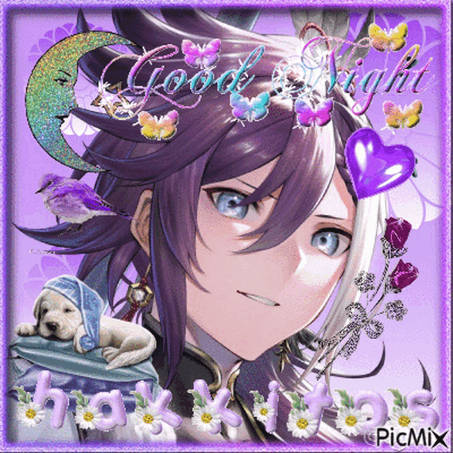 a picture of a girl with purple hair says good night on it