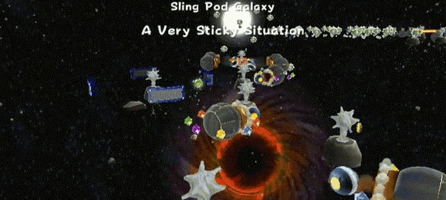 a video game screen shows a very sticky situation in the sling pod galaxy