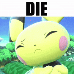 a yellow cartoon character with a sad face and the words die above it
