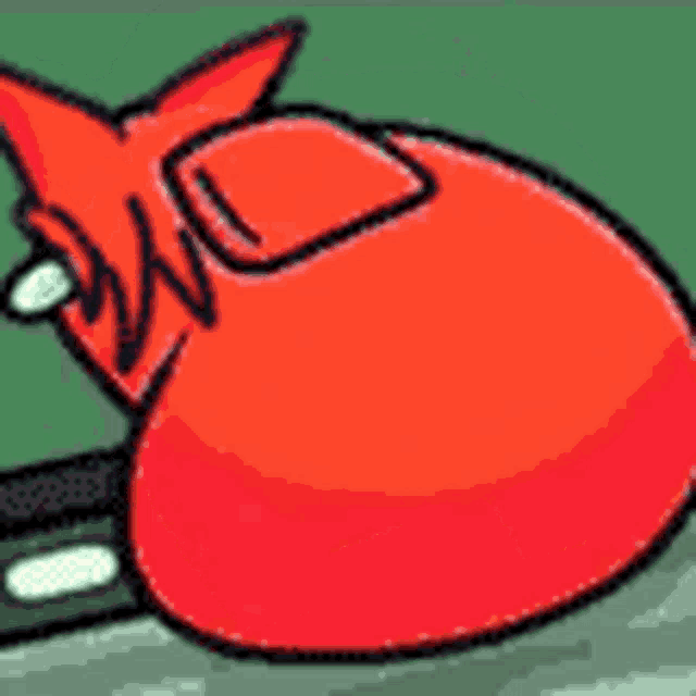 a close up of a cartoon drawing of a red pig with a green background .