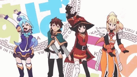 a group of anime characters are standing next to each other in front of a colorful background .
