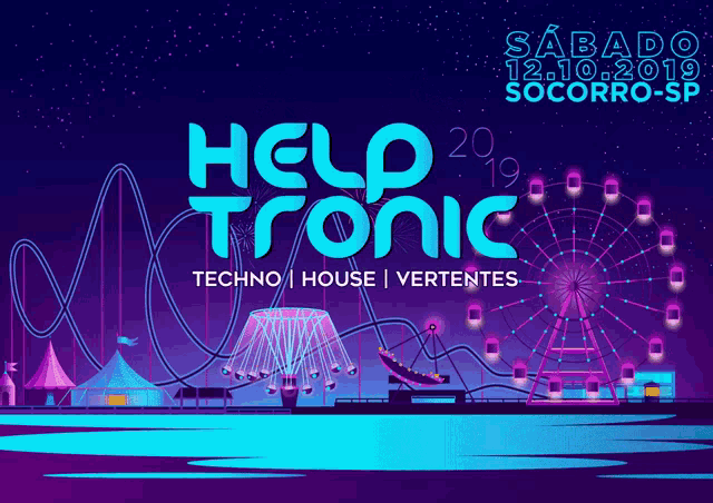 a poster for help tronic with a roller coaster and a ferris wheel
