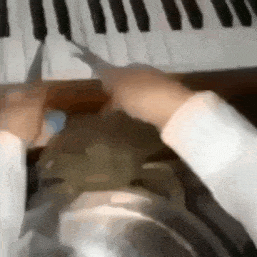 a person is cutting a piece of paper with scissors while playing a piano .