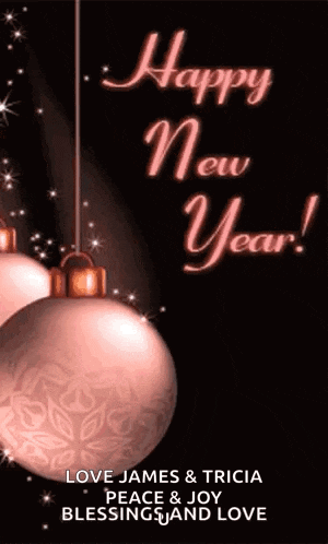 a happy new year greeting card with a pink christmas ornament