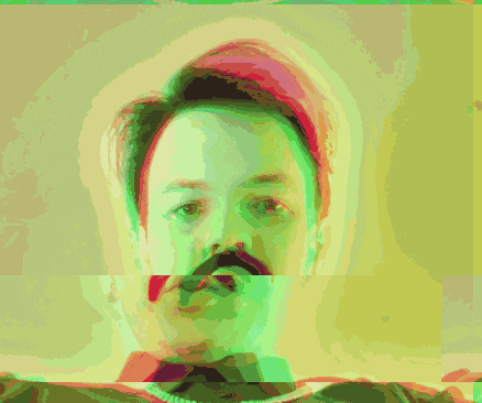 a colorful painting of a man with a mustache and blue hair