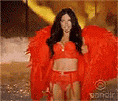 a woman in red lingerie and red feathered wings is standing in front of a waterfall .