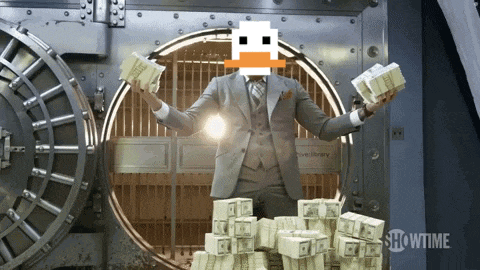 a man in a suit is holding a stack of money in front of a showtime sign