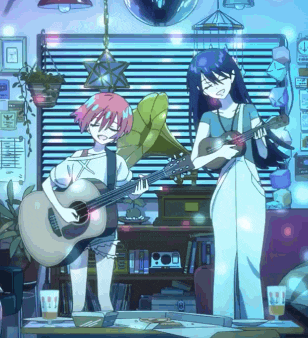 two anime girls singing and playing guitars in a room with a gramophone