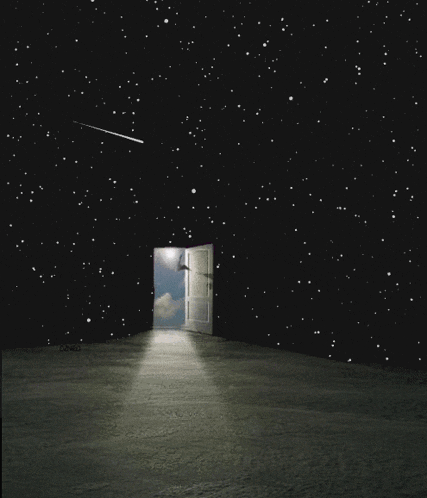 an open door in a dark room with a shooting star in the background