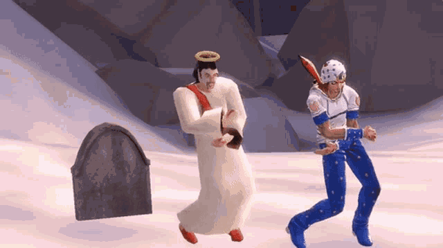 jesus and jotaro are dancing in front of a tombstone