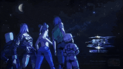 a group of cartoon characters standing in front of a moon