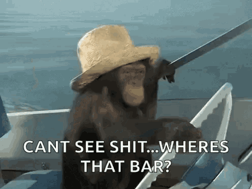 a chimpanzee wearing a straw hat and holding a sword is sitting on a boat .
