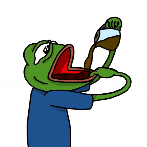 a cartoon of a frog holding a cup of coffee