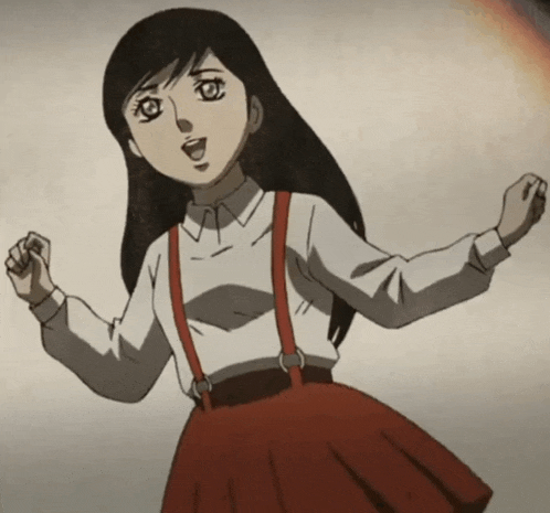 a girl in a red skirt and suspenders is dancing
