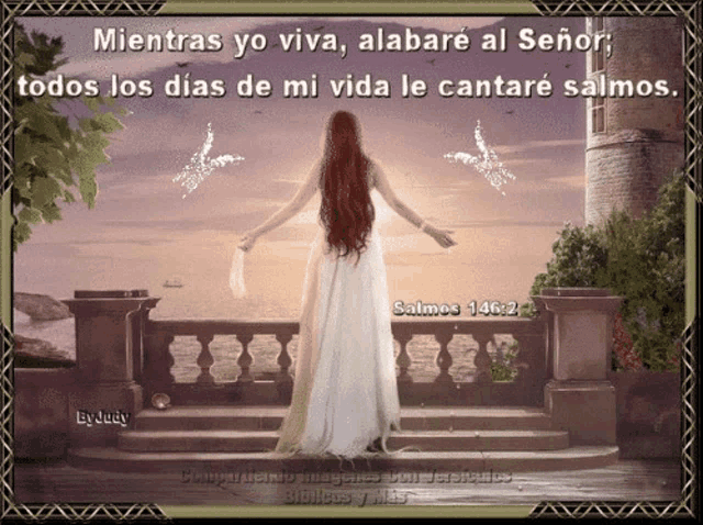 a woman in a white dress stands on a balcony with the words mientras yo viva