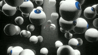 a cartoon character is surrounded by a bunch of white balls with blue eyes
