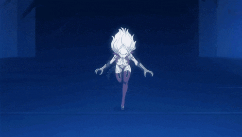 a cartoon character is standing in a dark room with blue lights