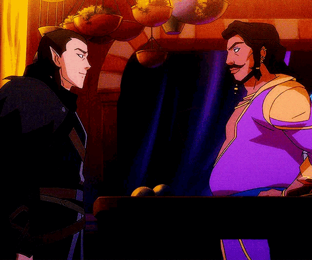 two cartoon characters are standing next to each other and one of them is wearing a purple outfit