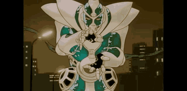 a cartoon character in a white and green costume is standing in front of a city skyline .