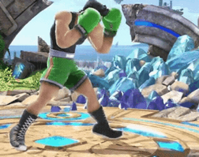 a man wearing green boxing gloves is standing in a video game .