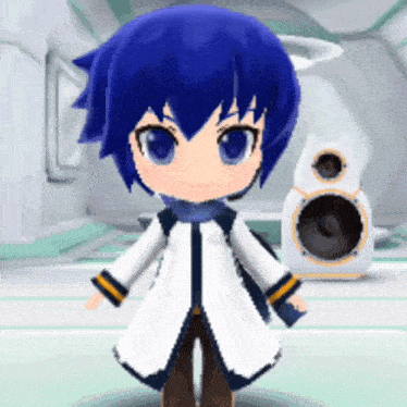 a cartoon character with blue hair and a white coat stands in front of a speaker