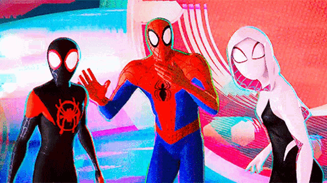 a group of spider-man characters are standing next to each other in a room .