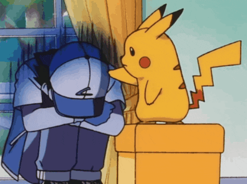 a cartoon of a man covering his face with his hands and a pikachu standing next to him