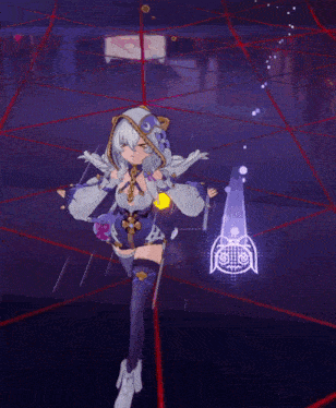 a girl in a video game is surrounded by a grid of red lines