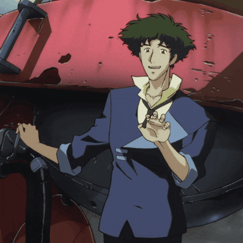 a cowboy bebop character stands in front of a red wall