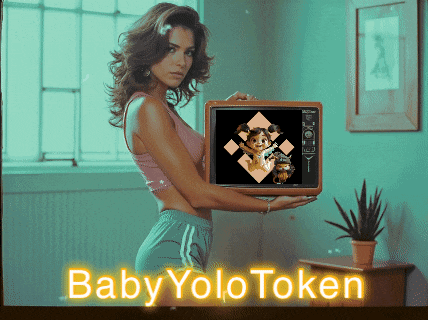 a woman is holding a tv with a picture of a dog on it and the words baby yolo token behind her