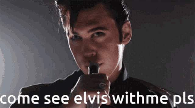 a man singing into a microphone with the words come see elvis with me pls written below him
