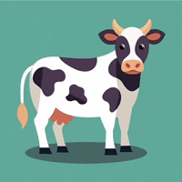 a cow with black and white spots is standing on a green background .